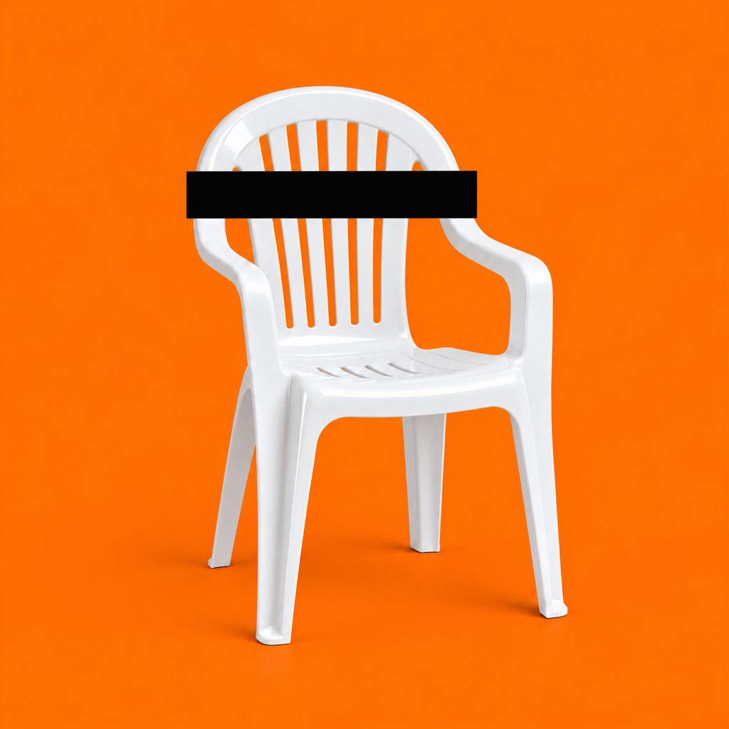 A white plastic monobloc chair with a black redaction bar across its backrest, on orange.